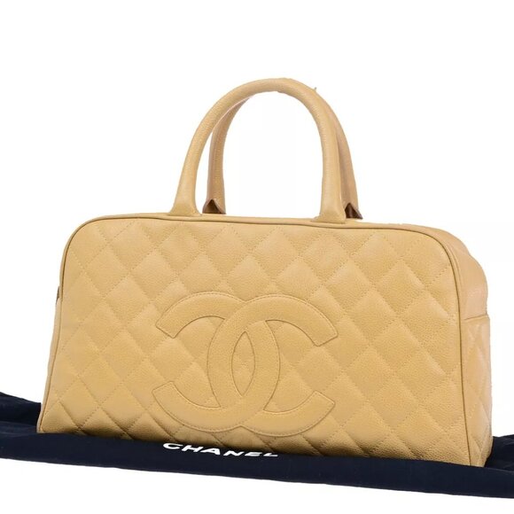 CHANEL Handbags - CHANEL CC Logo Matelasse Travel Hand Bag Caviar Skin Leather Beige